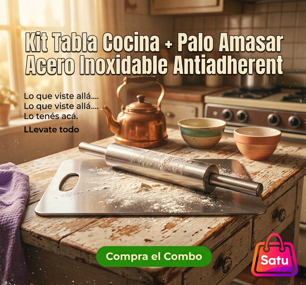 Kit Tabla Cocina + Palo Amasar Acero Inoxidable Antiadherent